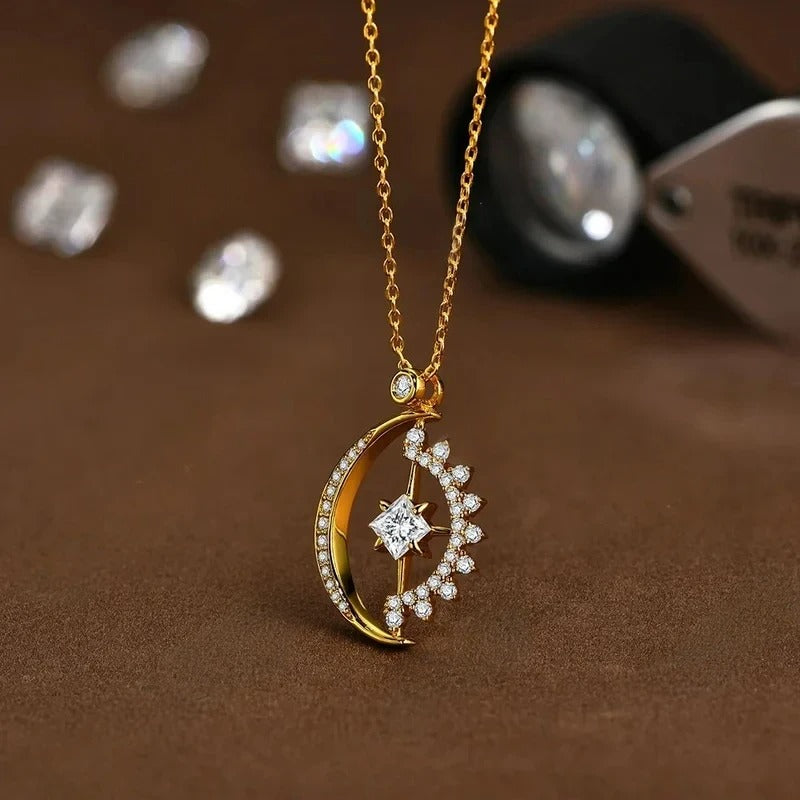 Princess-Cut Moissanite Moon Pendant Necklace in 925 Sterling Silver with Gold Plating