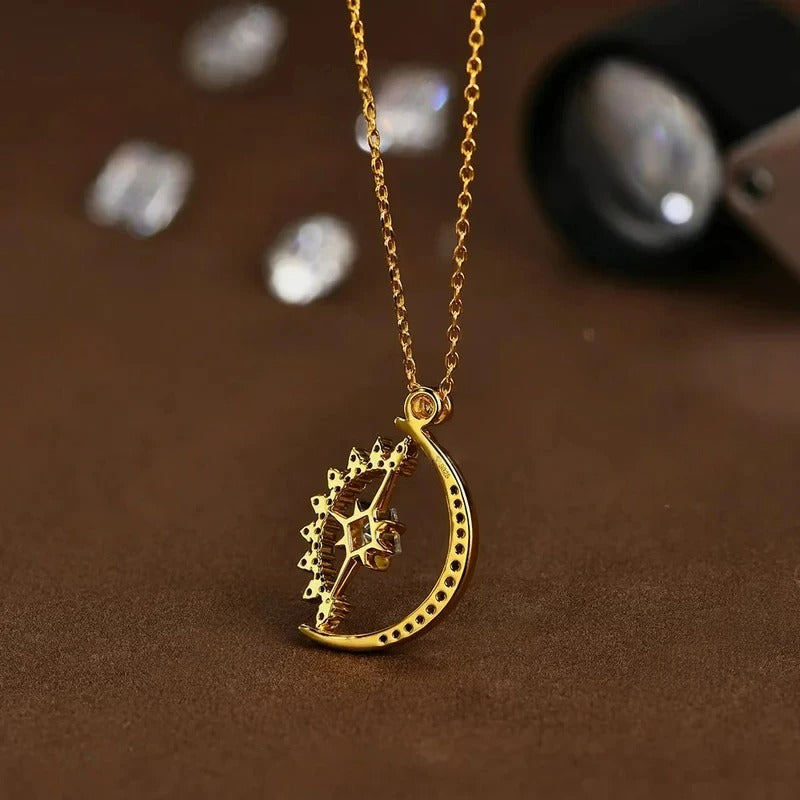 Princess-Cut Moissanite Moon Pendant Necklace in 925 Sterling Silver with Gold Plating