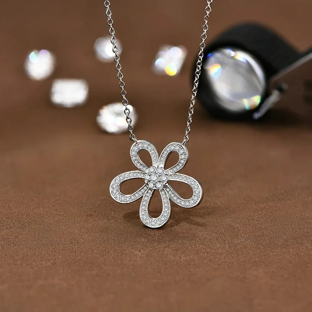 Flower-Shaped Moissanite Pendent Necklace in Sterling Silver