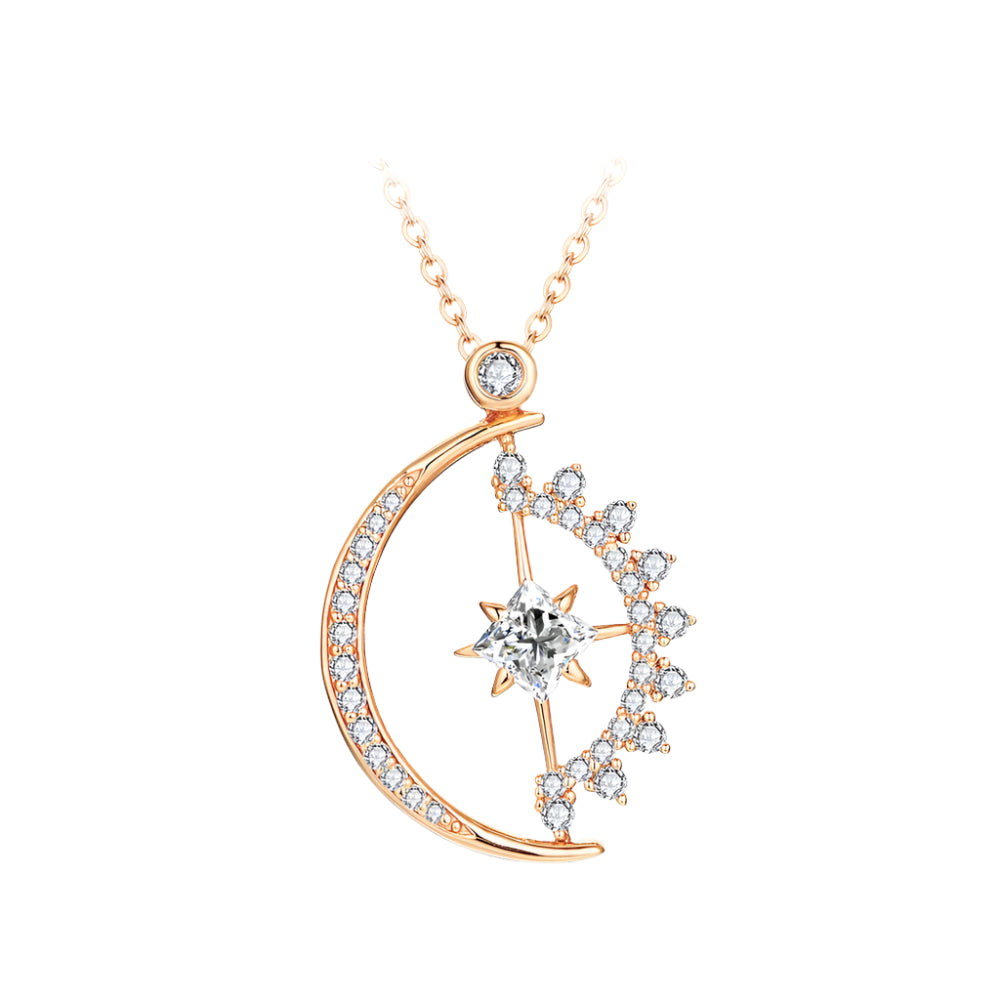 Princess-Cut Moissanite Moon Pendant Necklace in 925 Sterling Silver with Gold Plating