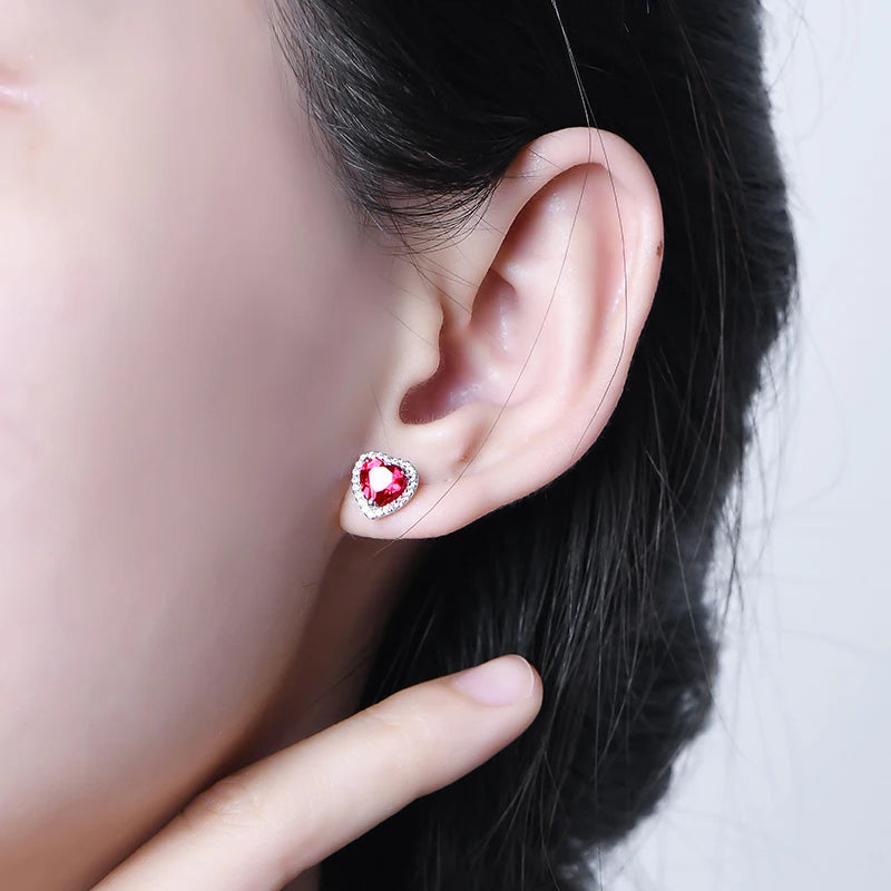 Heart-Shaped Ruby/Emerald/Sapphire Stud Earrings in Sterling Silver