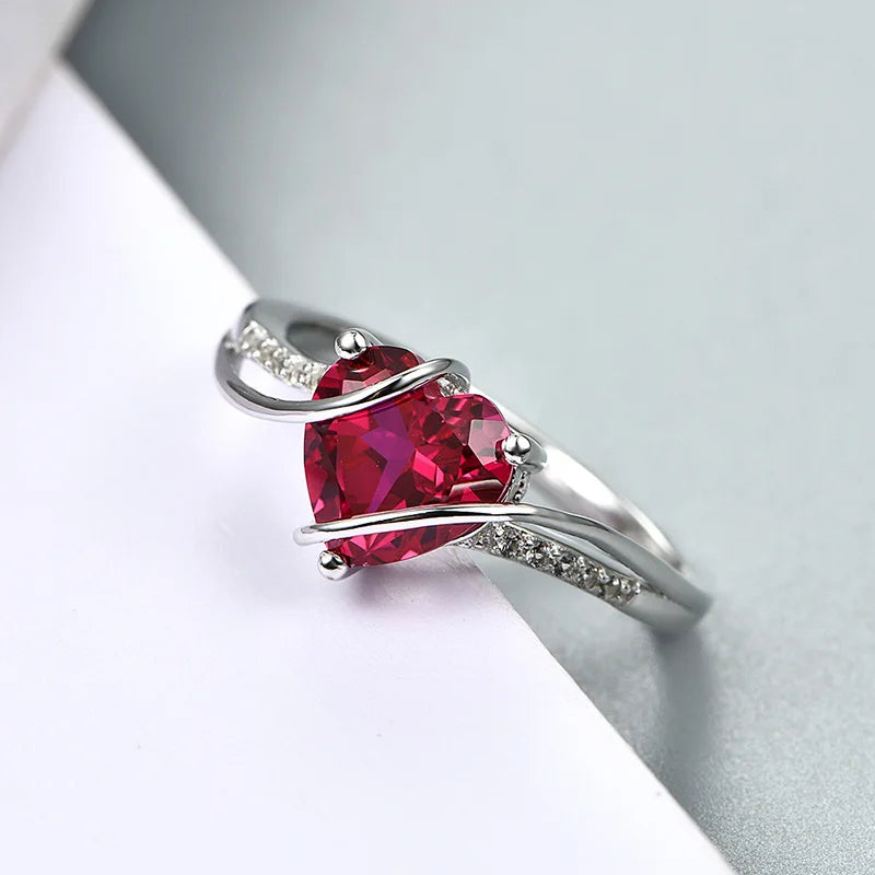 Heart-Shaped Created Ruby Fashion/Commitment Ring in 925 Sterling Silver