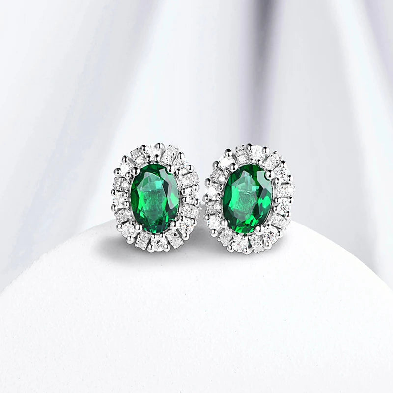 Created Emerald Stud Earrings in 925 Sterling Silver with White Rhodium Plating