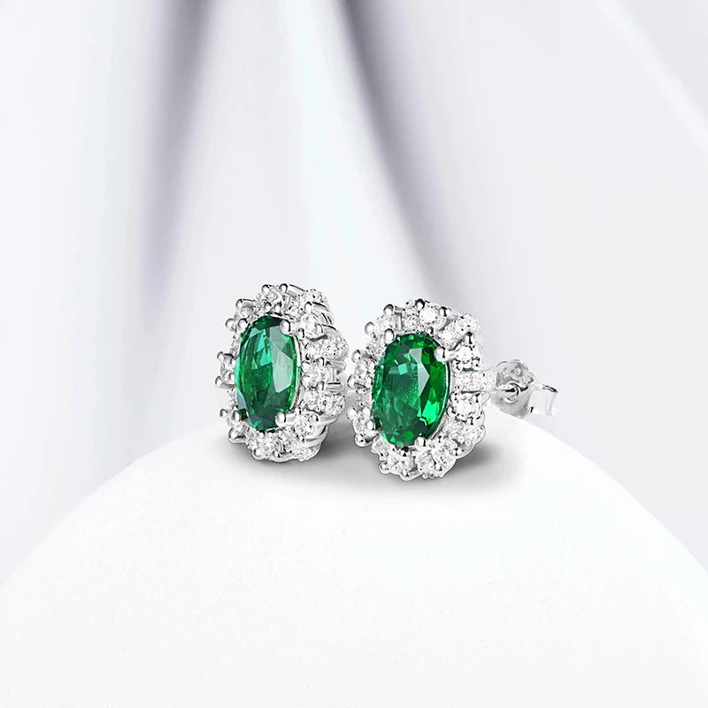 Created Emerald Stud Earrings in 925 Sterling Silver with White Rhodium Plating