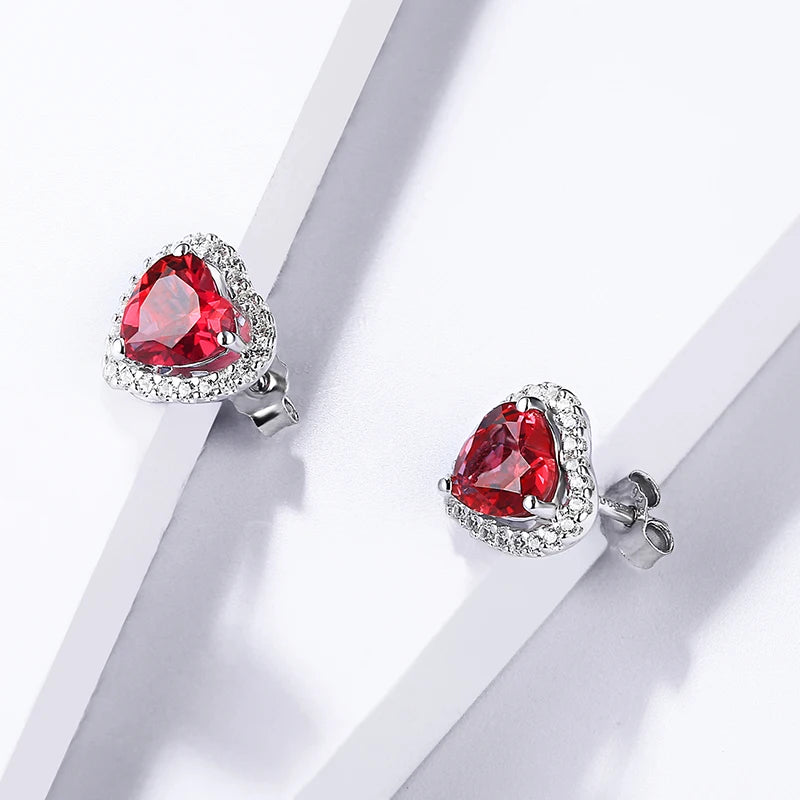 Heart-Shaped Ruby/Emerald/Sapphire Stud Earrings in Sterling Silver