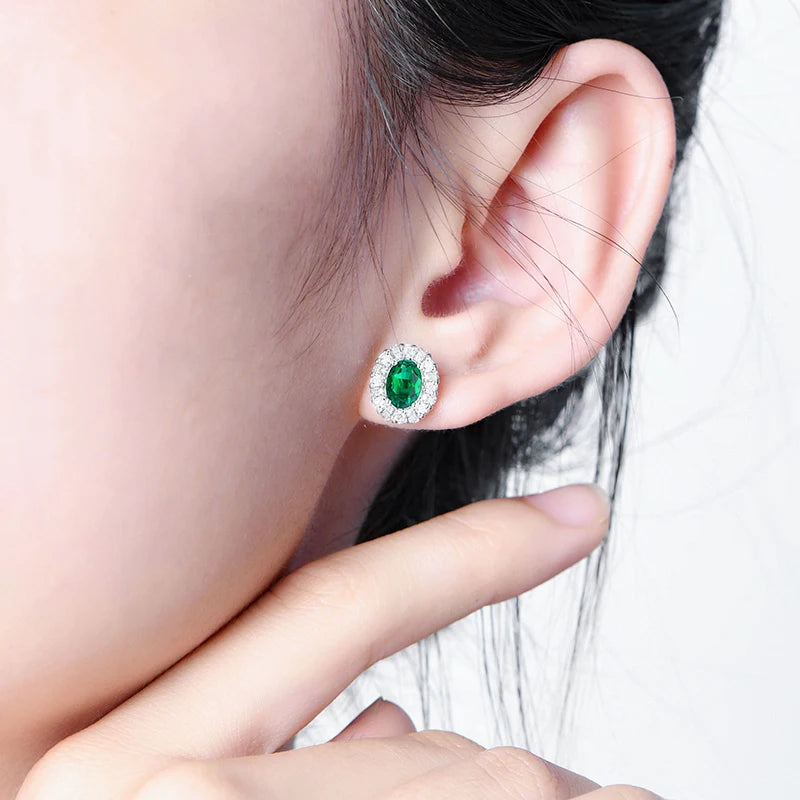 Created Emerald Stud Earrings in 925 Sterling Silver with White Rhodium Plating