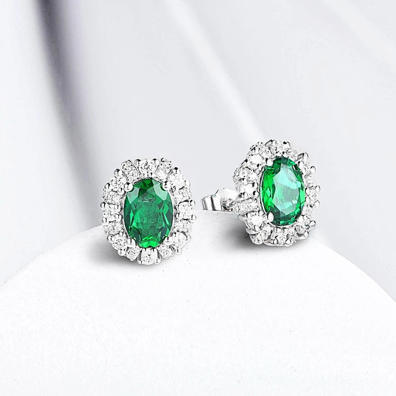 Created Emerald Stud Earrings in 925 Sterling Silver with White Rhodium Plating