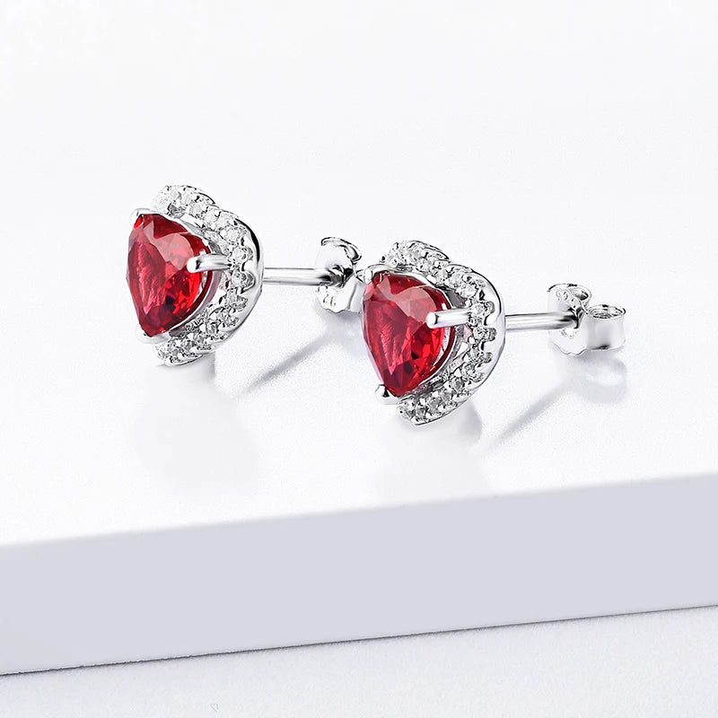 Heart-Shaped Ruby/Emerald/Sapphire Stud Earrings in Sterling Silver