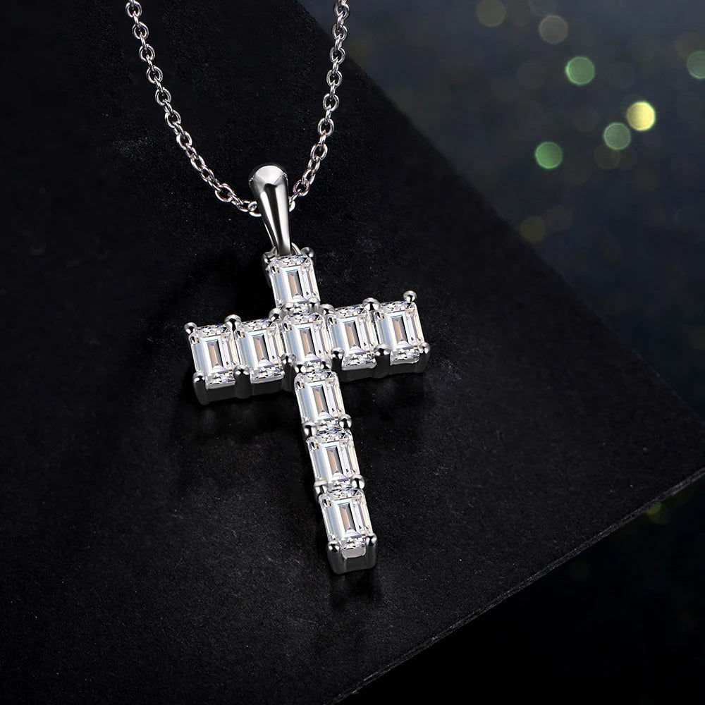 Moissanite Cross Pendant Necklace in 925 Sterling Silver