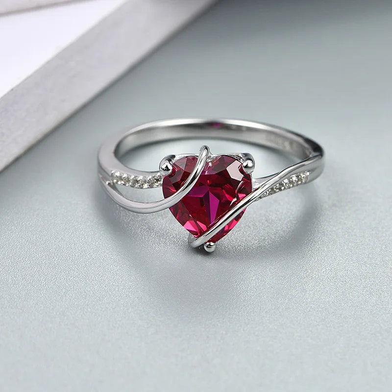 Heart-Shaped Created Ruby Fashion/Commitment Ring in 925 Sterling Silver