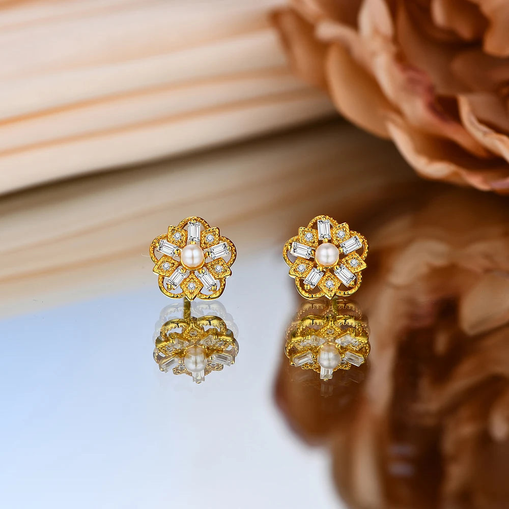 Floral Moissanite Stud Earrings in 925 Sterling Silver with Yellow Gold Plating