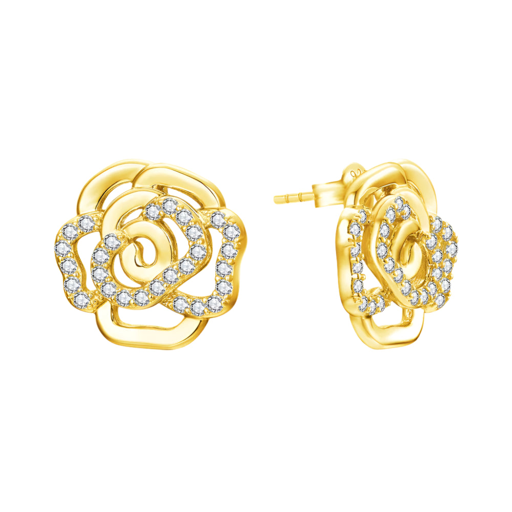 Floral-Design Round-Cut Moissanite Stud Earrings with 925 Sterling Silver and 18K Gold Plating