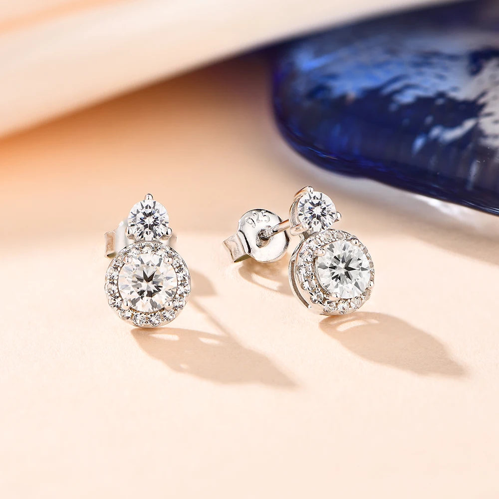 Moissanite Round-Cut Drop Earrings in Sterling Silver with White Rhodium or Rose Gold Plating