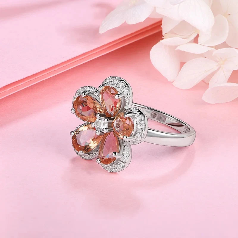 Zultanite Color-Changing Flower Ring in Sterling Silver with White Rhodium Plating