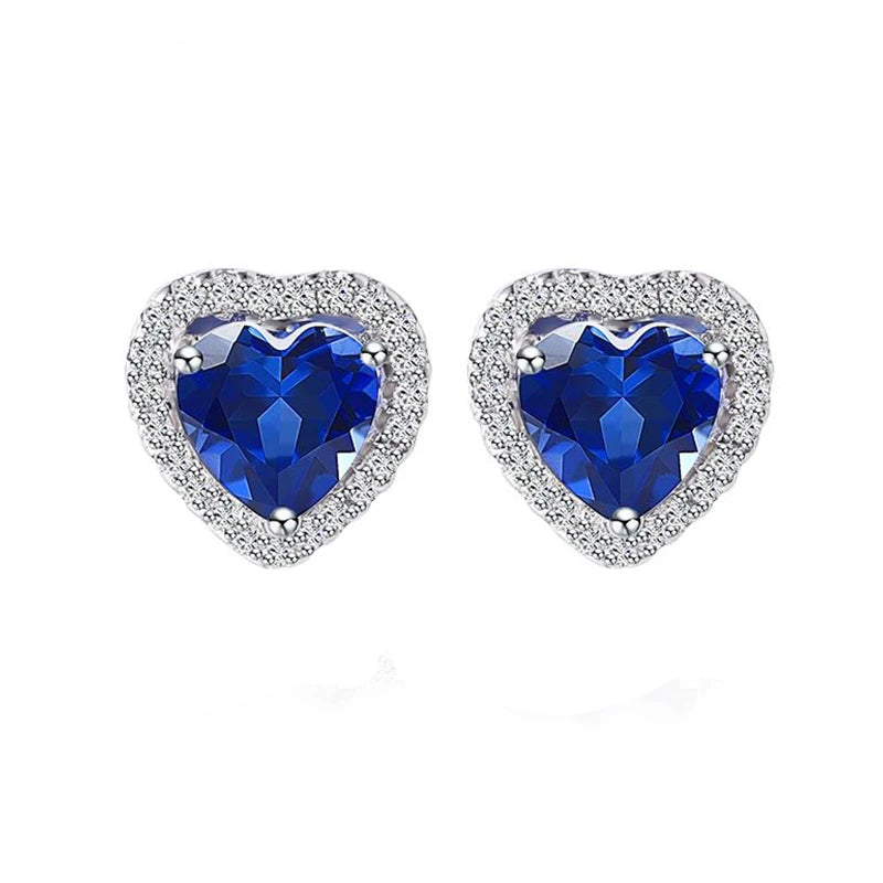 Heart-Shaped Ruby/Emerald/Sapphire Stud Earrings in Sterling Silver