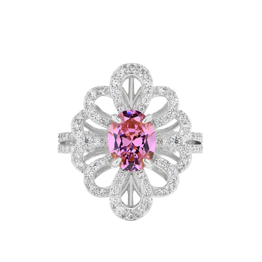 Moissanite and Pink Zircon Flower Ring in 925 Sterling Silver with Gold Plating