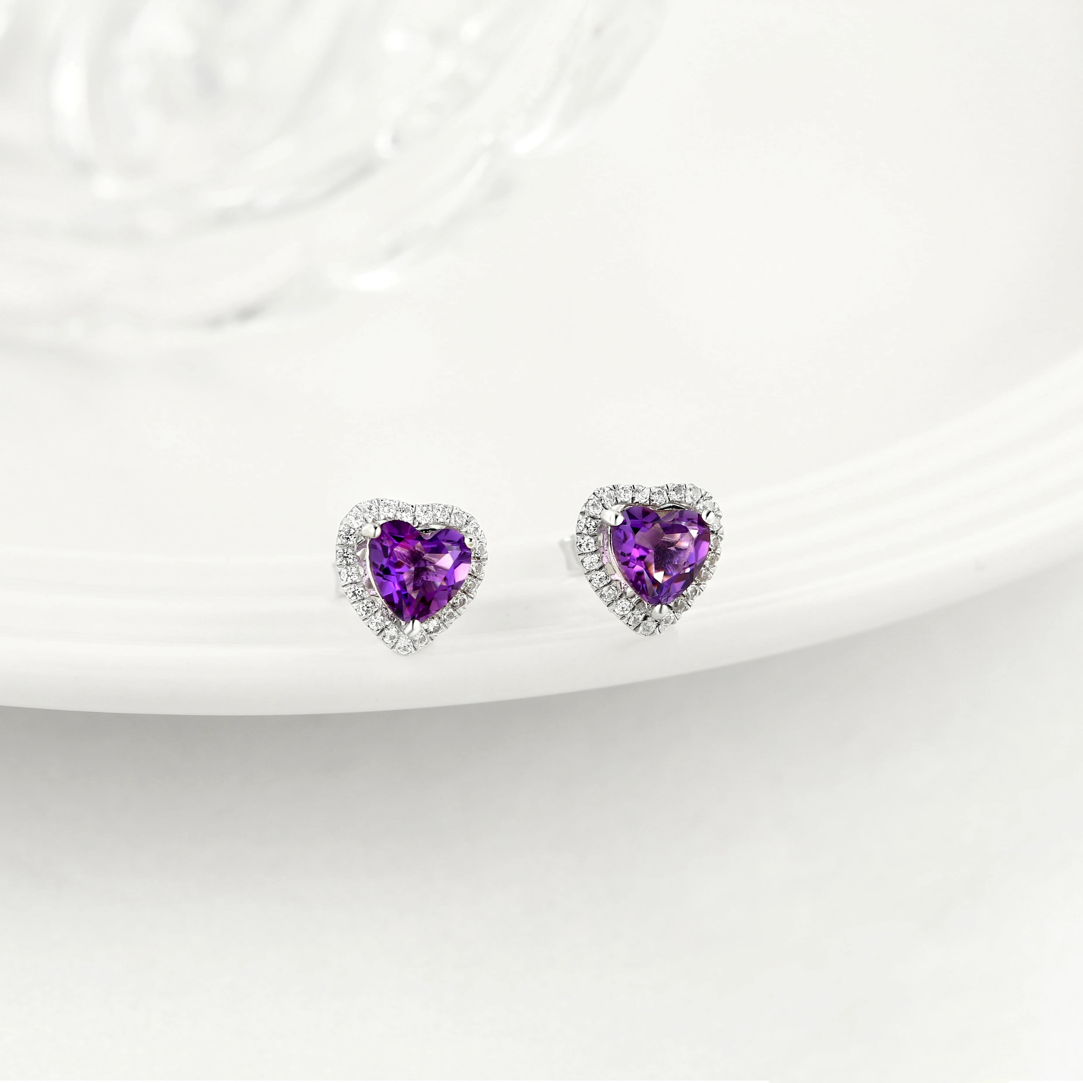 Heart-Shaped Purple Spinel Stud Earrings in Sterling Silver