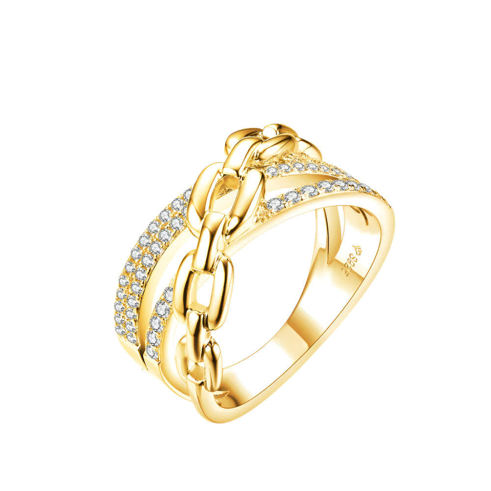 S925 Moissanite Chainlink Cocktail Ring with 18K Gold Plating for Women