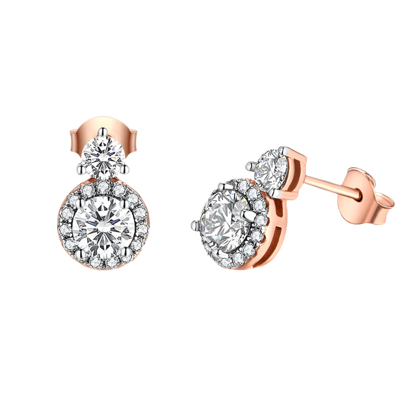 Moissanite Round-Cut Drop Earrings in Sterling Silver with White Rhodium or Rose Gold Plating