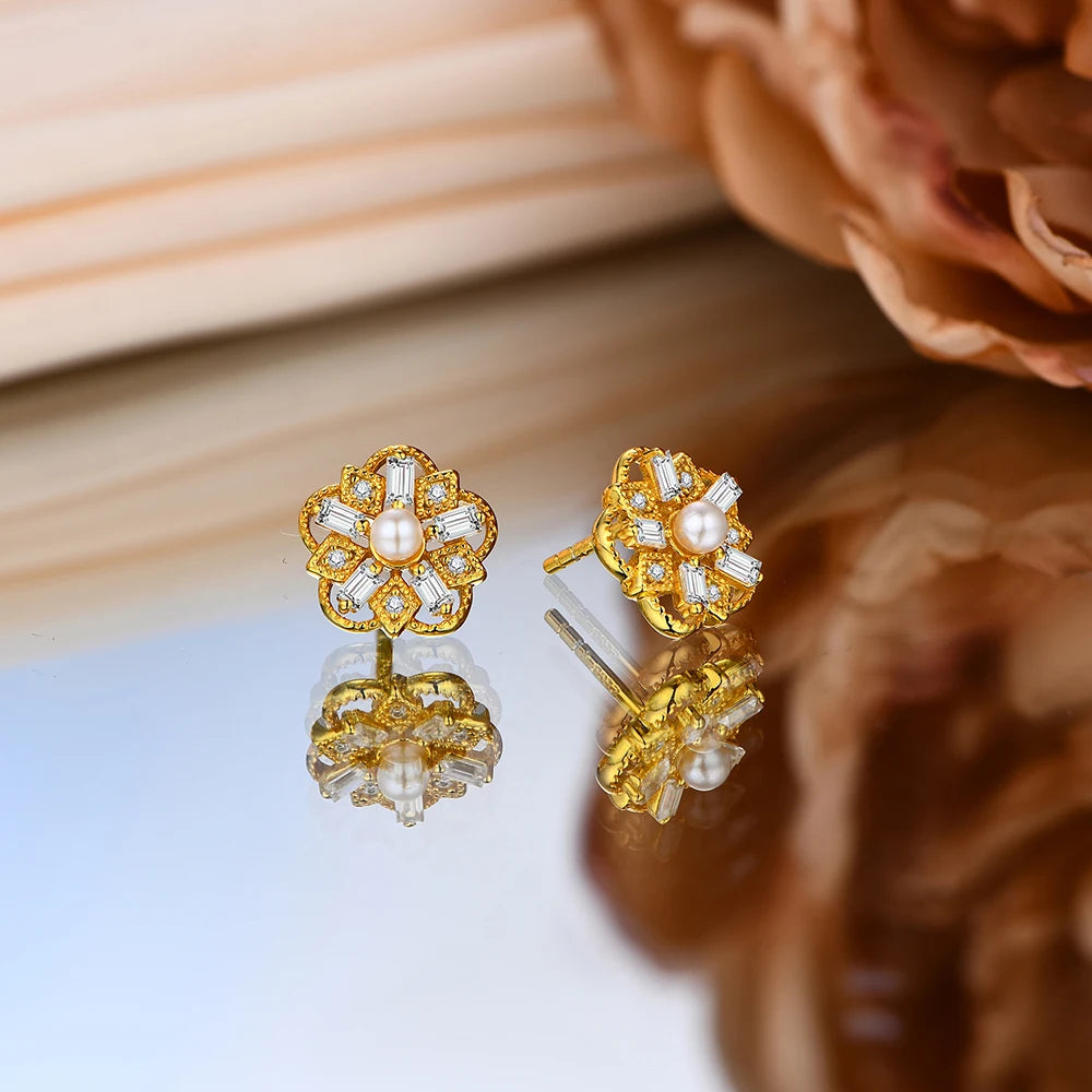 Floral Moissanite Stud Earrings in 925 Sterling Silver with Yellow Gold Plating