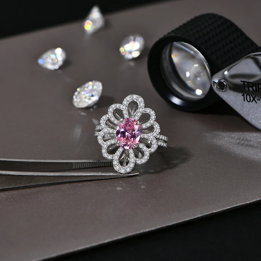 Moissanite and Pink Zircon Flower Ring in 925 Sterling Silver with Gold Plating