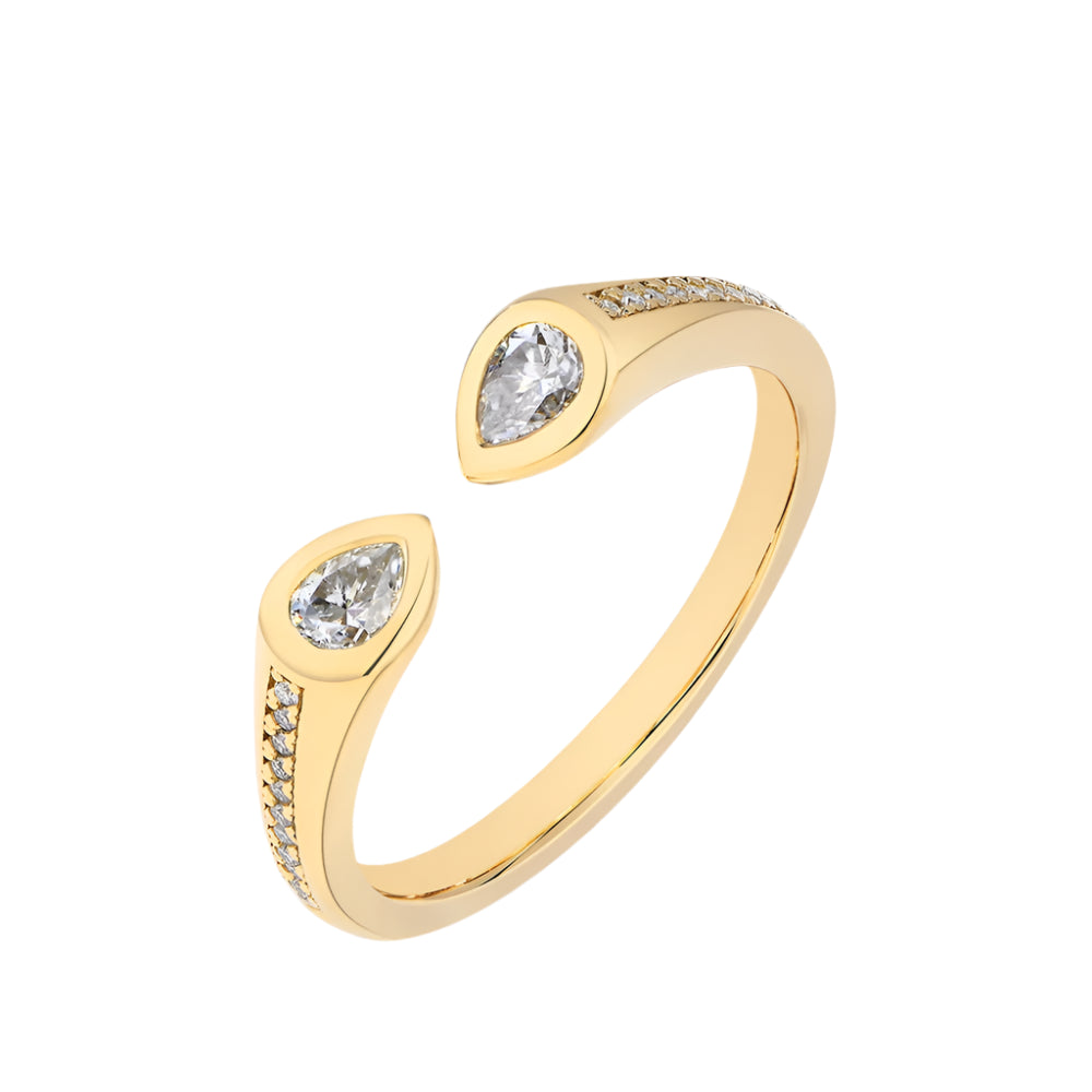 Pear-Cut Moissanite Two Stones Open Band in 925 Sterling Silver or Pure Gold