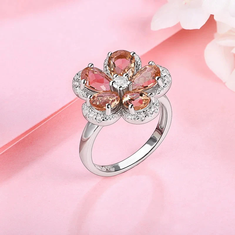 Zultanite Color-Changing Flower Ring in Sterling Silver with White Rhodium Plating