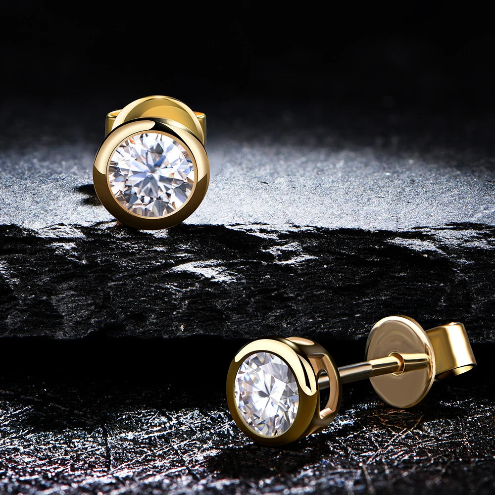 Round-Cut Moissanite Solitaire Stud Earrings in 14K Sterling Silver with Yellow Gold Plating