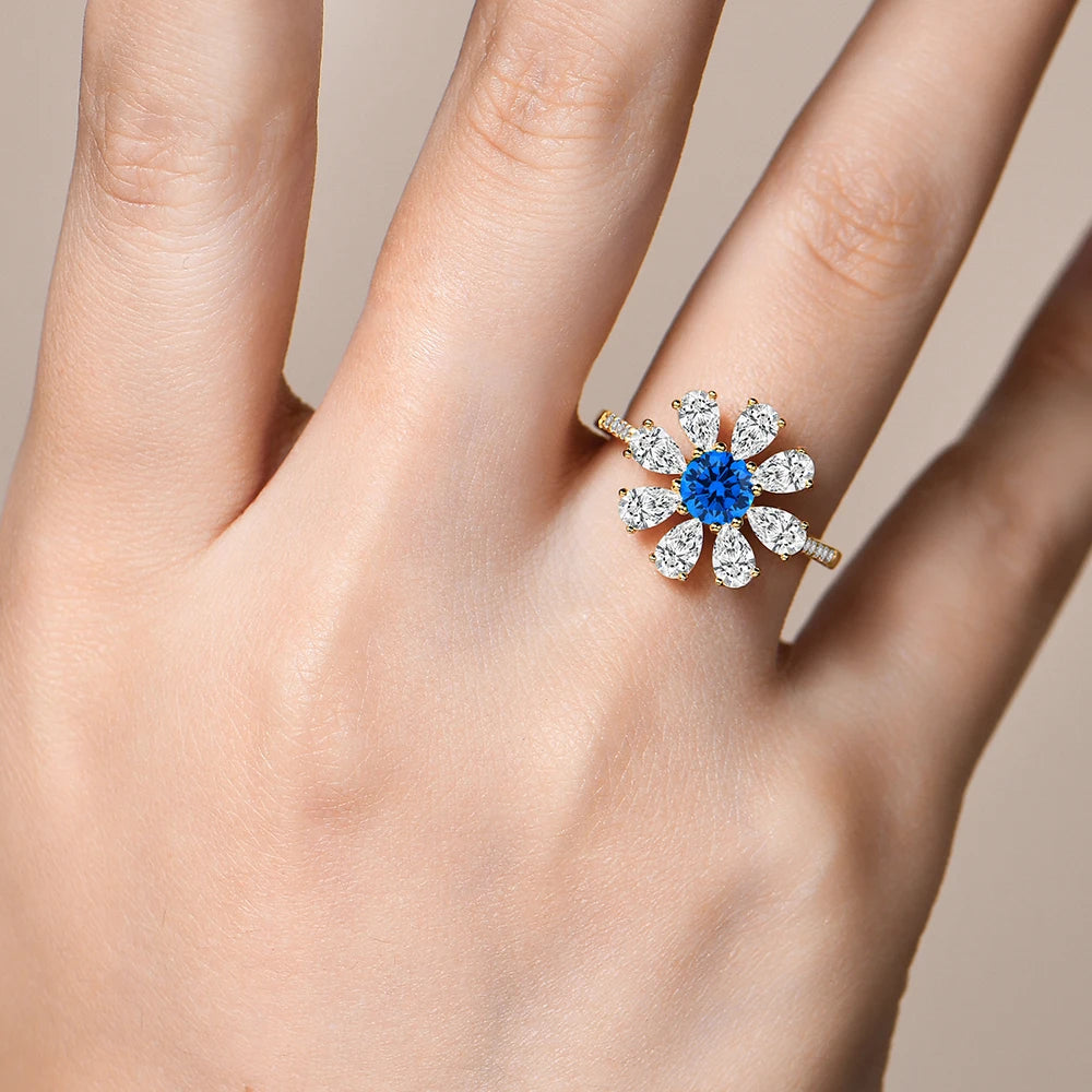 Pear-Cut Blue Zircon Flower Ring in 925 Sterling Silver with White/Yellow Gold Plating