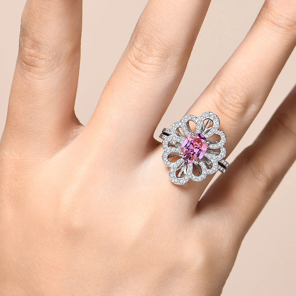 Moissanite and Pink Zircon Flower Ring in 925 Sterling Silver with Gold Plating