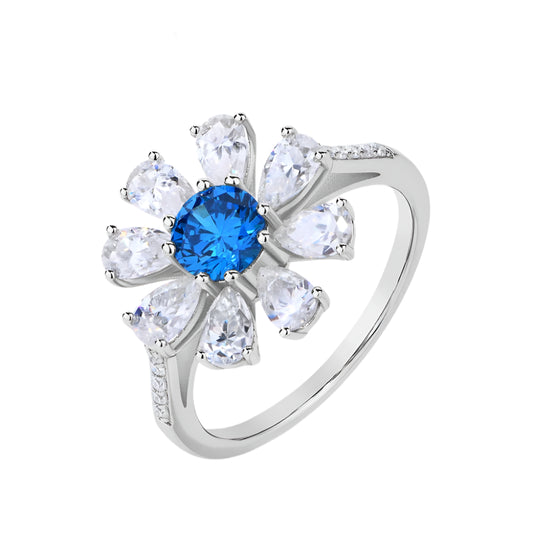 Pear-Cut Blue Zircon Flower Ring in 925 Sterling Silver with White/Yellow Gold Plating