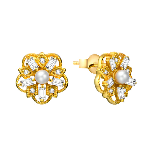 Floral Moissanite Stud Earrings in 925 Sterling Silver with Yellow Gold Plating