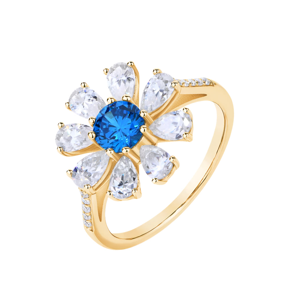 Pear-Cut Blue Zircon Flower Ring in 925 Sterling Silver with White/Yellow Gold Plating