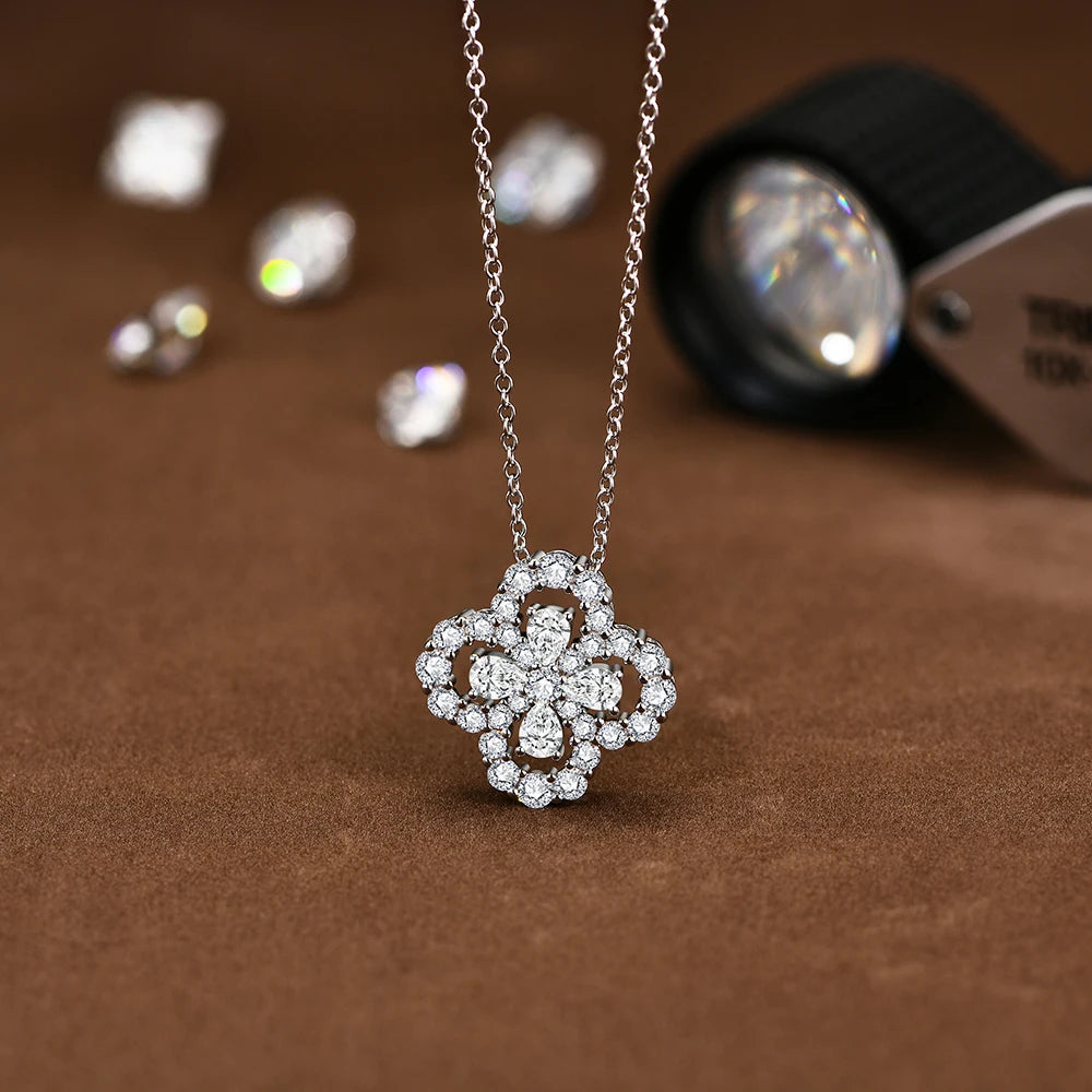 Clover-Shaped Pear-Cut Moissanite Diamond Necklace Pendant in Sterling Silver with White Rhodium Plating