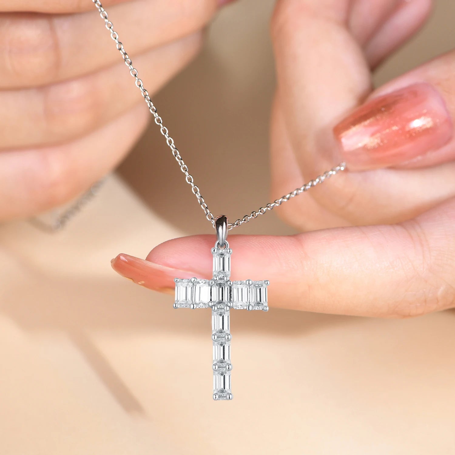 Moissanite Cross Pendant Necklace in 925 Sterling Silver