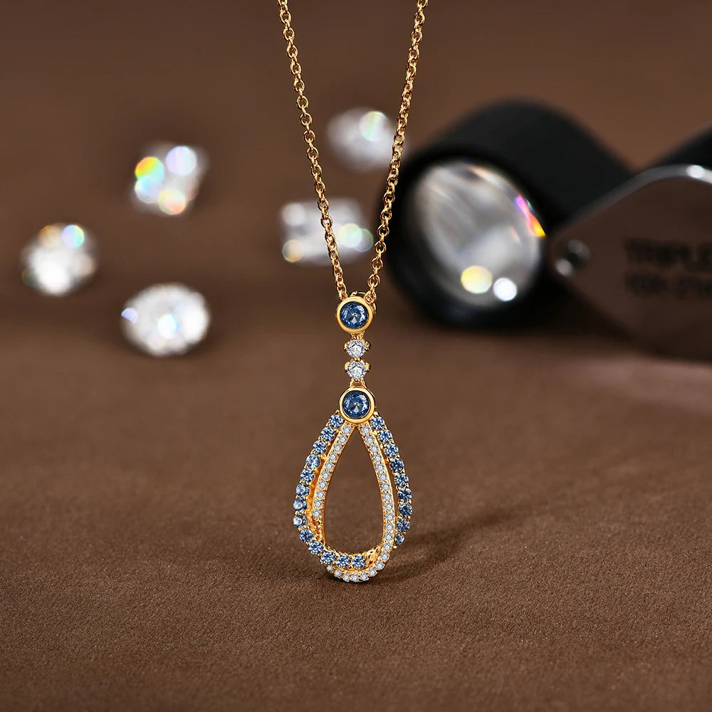 Round-Cut Waterdrop Blue Spinel & Moissanite Necklace in 925 Sterling Silver