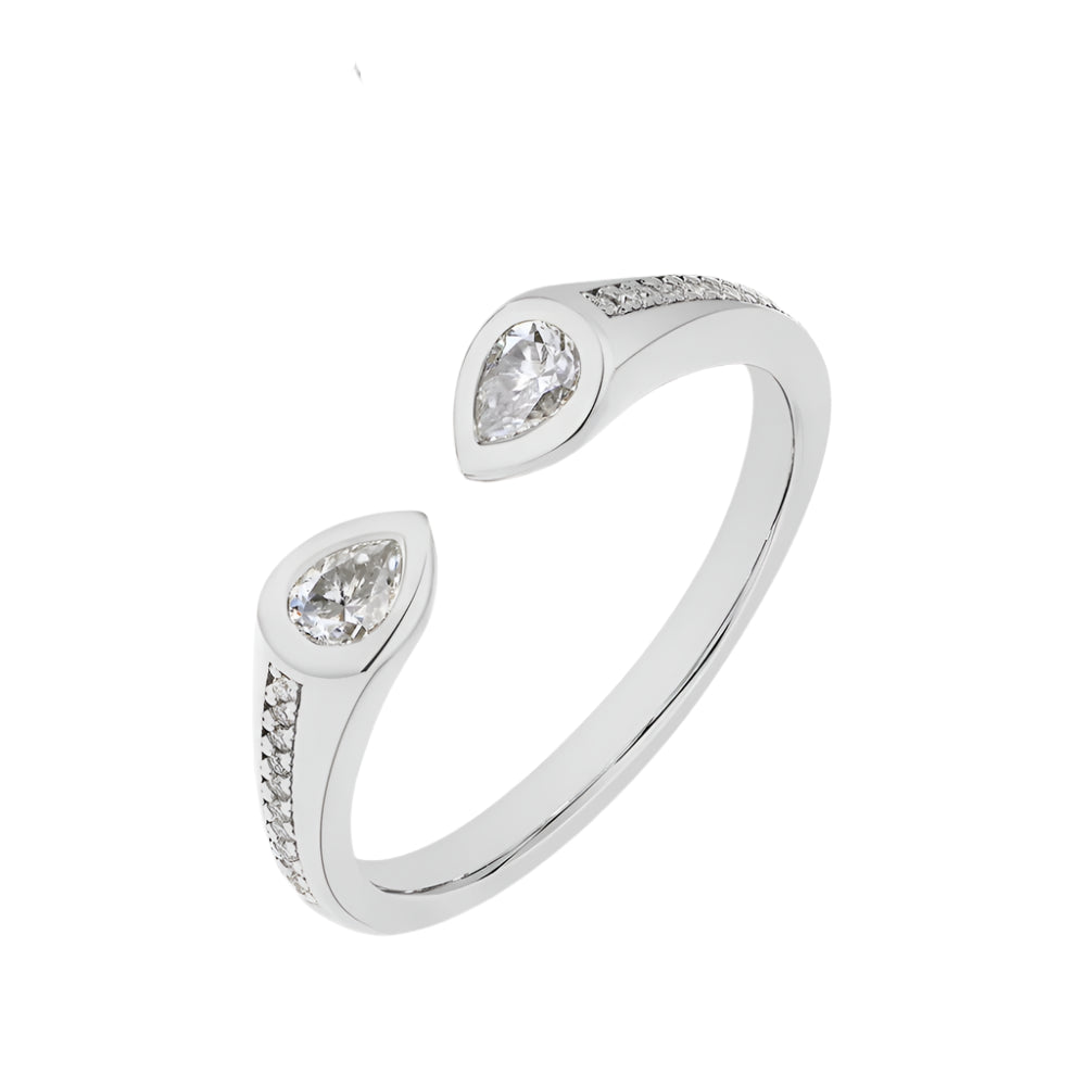 Pear-Cut Moissanite Two Stones Open Band in 925 Sterling Silver or Pure Gold