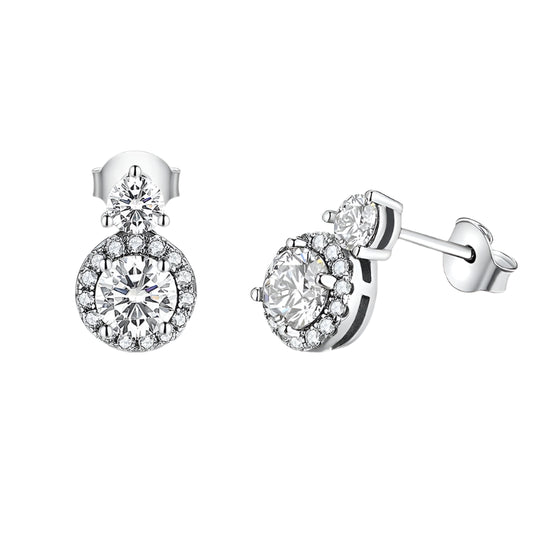 Moissanite Round-Cut Drop Earrings in Sterling Silver with White Rhodium or Rose Gold Plating