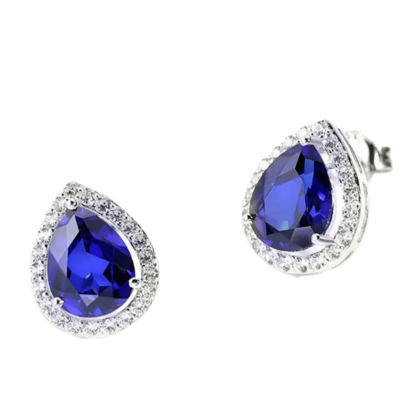 Pear-Cut Sapphire Stud Earrings in Sterling Silver with White Rhodium Plating