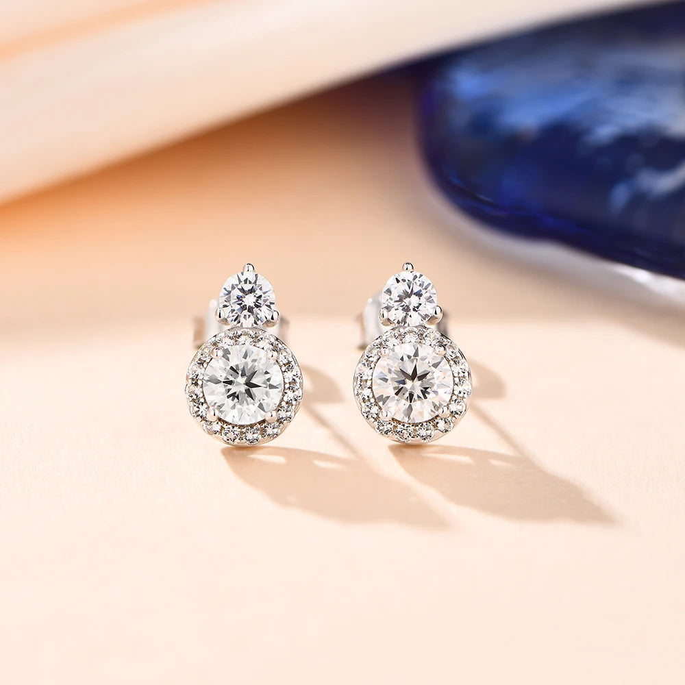 Moissanite Round-Cut Drop Earrings in Sterling Silver with White Rhodium or Rose Gold Plating