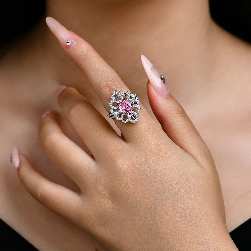 Moissanite and Pink Zircon Flower Ring in 925 Sterling Silver with Gold Plating