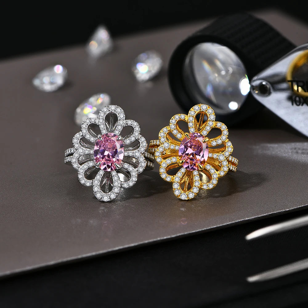 Moissanite and Pink Zircon Flower Ring in 925 Sterling Silver with Gold Plating