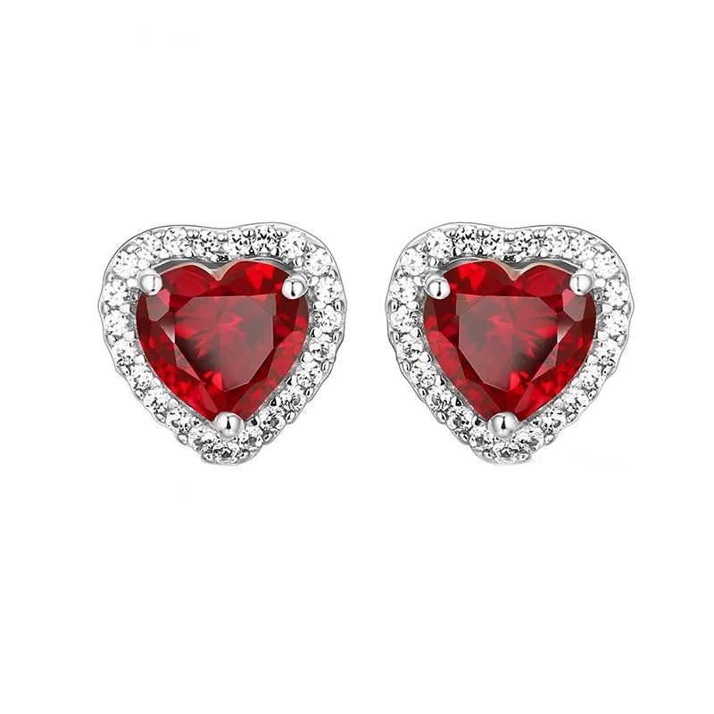 Heart-Shaped Ruby/Emerald/Sapphire Stud Earrings in Sterling Silver