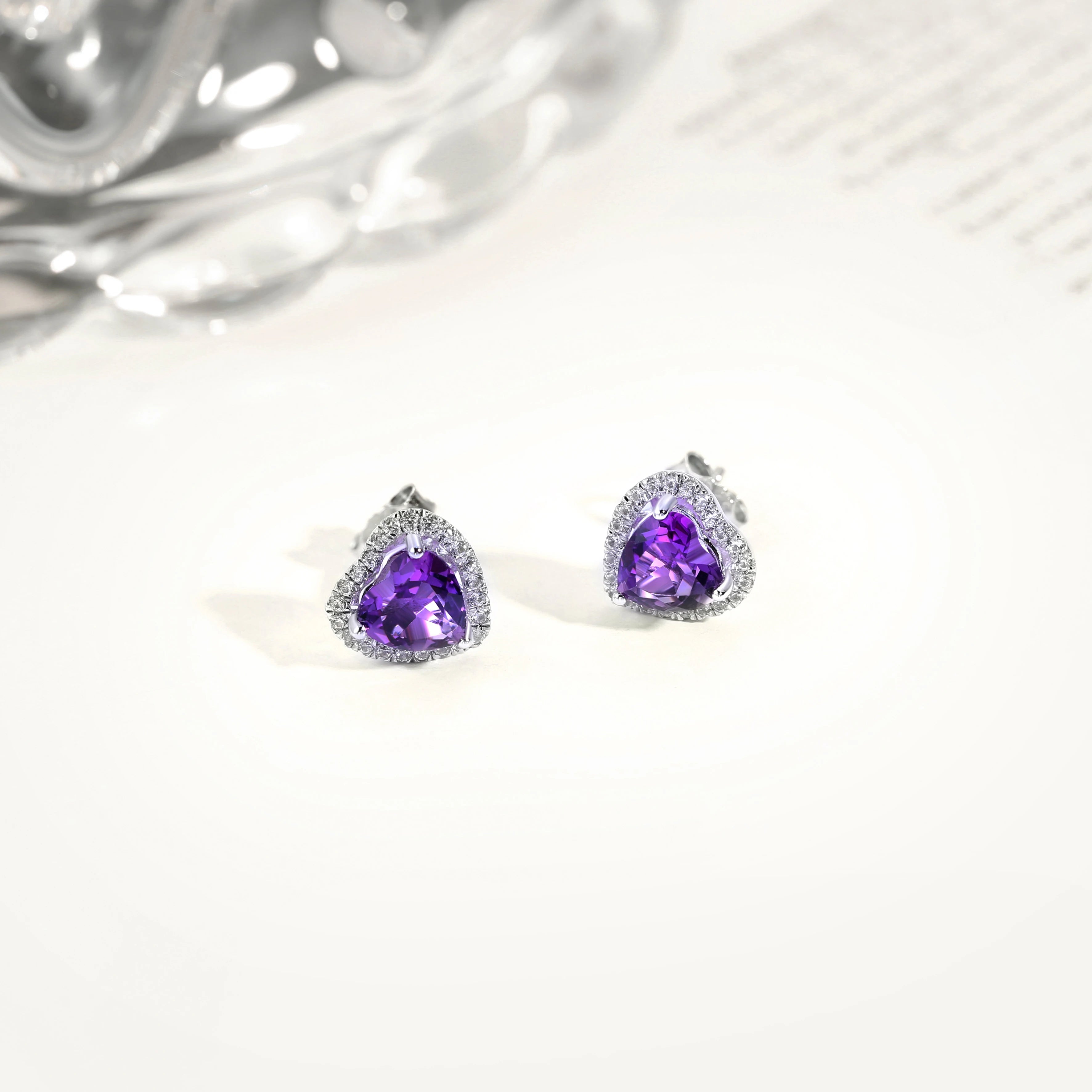 Heart-Shaped Purple Spinel Stud Earrings in Sterling Silver