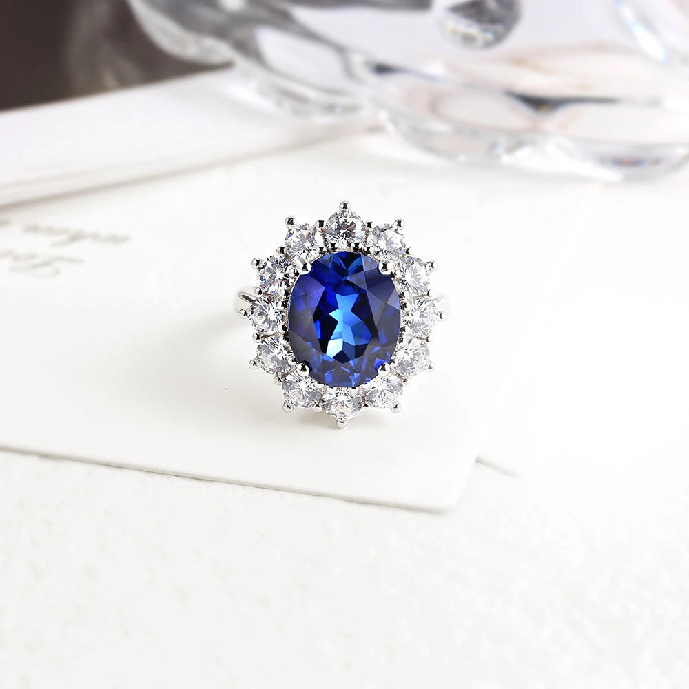 Oval-Cut  6.0ct Lab Sapphire Princess Diana-Inspired Halo Ring in 925 Sterling Silver