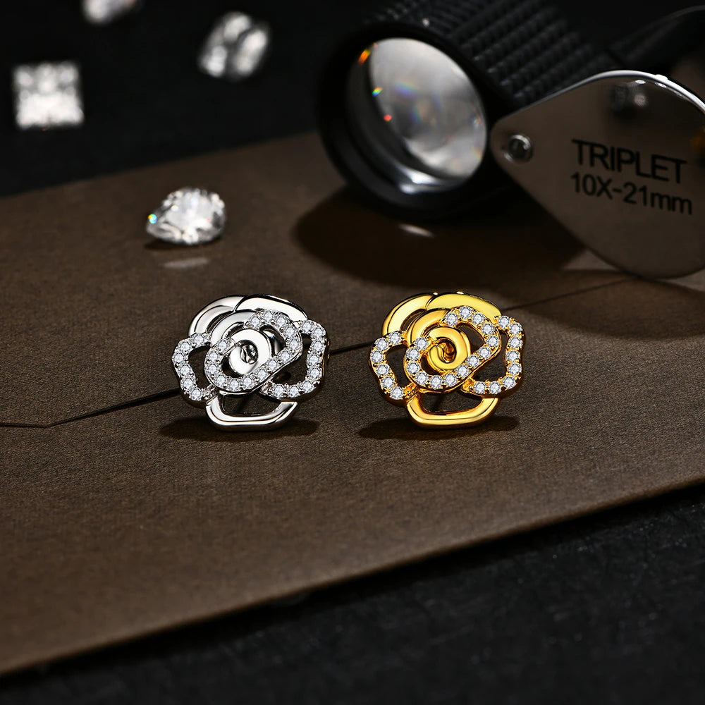 Floral-Design Round-Cut Moissanite Stud Earrings with 925 Sterling Silver and 18K Gold Plating