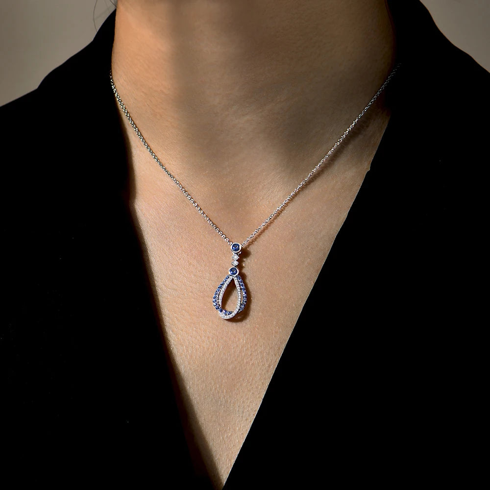 Round-Cut Waterdrop Blue Spinel & Moissanite Necklace in 925 Sterling Silver