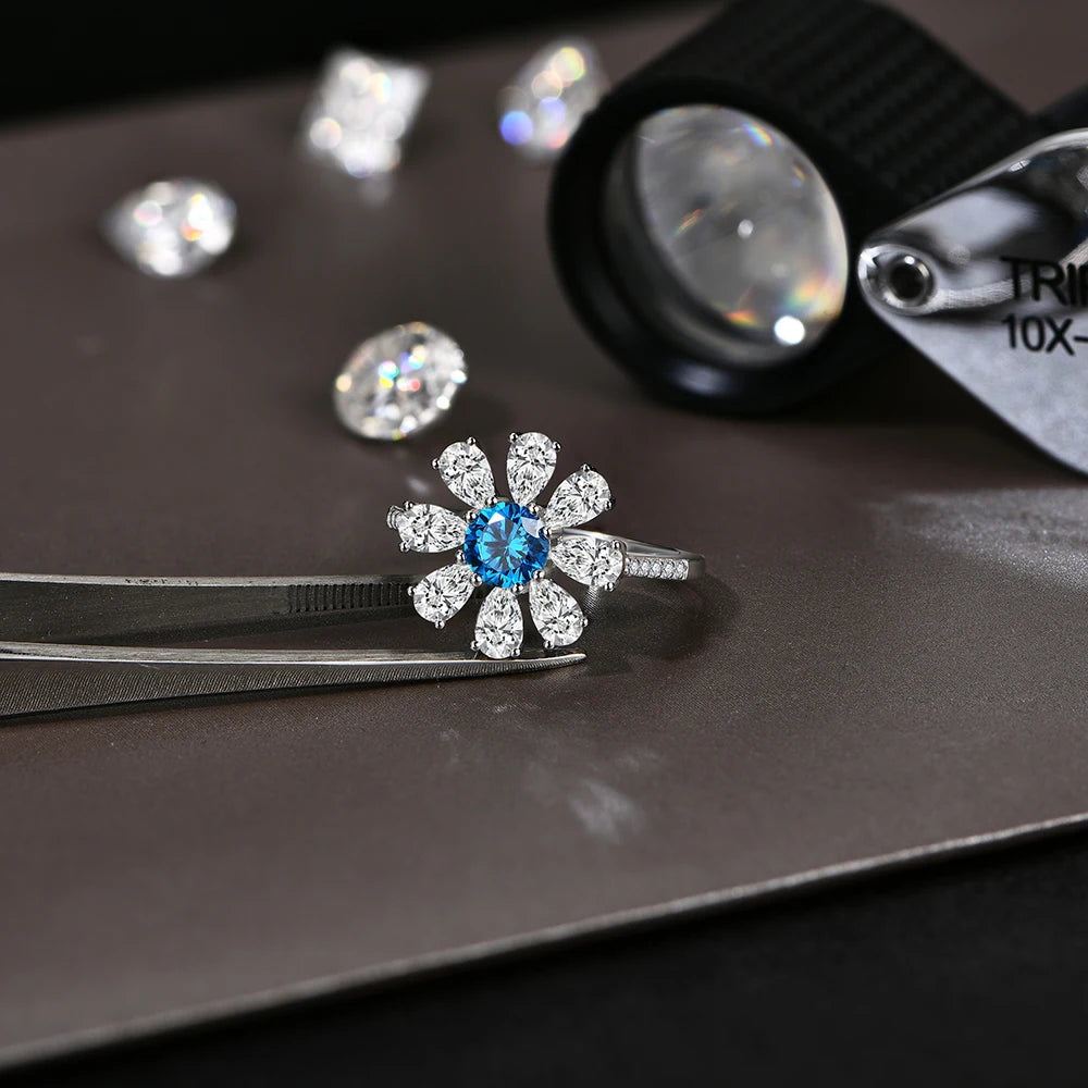 Pear-Cut Blue Zircon Flower Ring in 925 Sterling Silver with White/Yellow Gold Plating