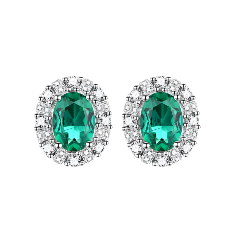 Created Emerald Stud Earrings in 925 Sterling Silver with White Rhodium Plating