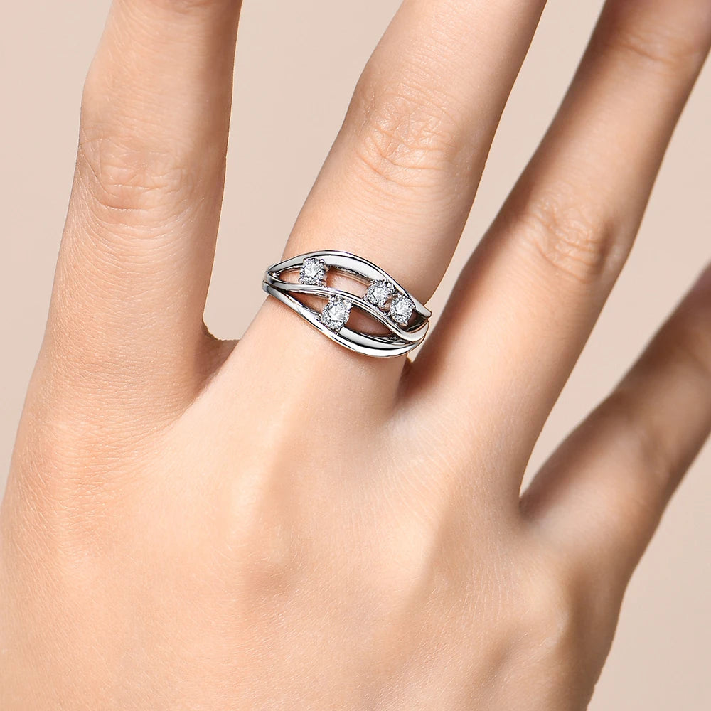 Moissanite Wavy 3-Layer Fashion Ring in 925 Sterling Silver with Gold Plating